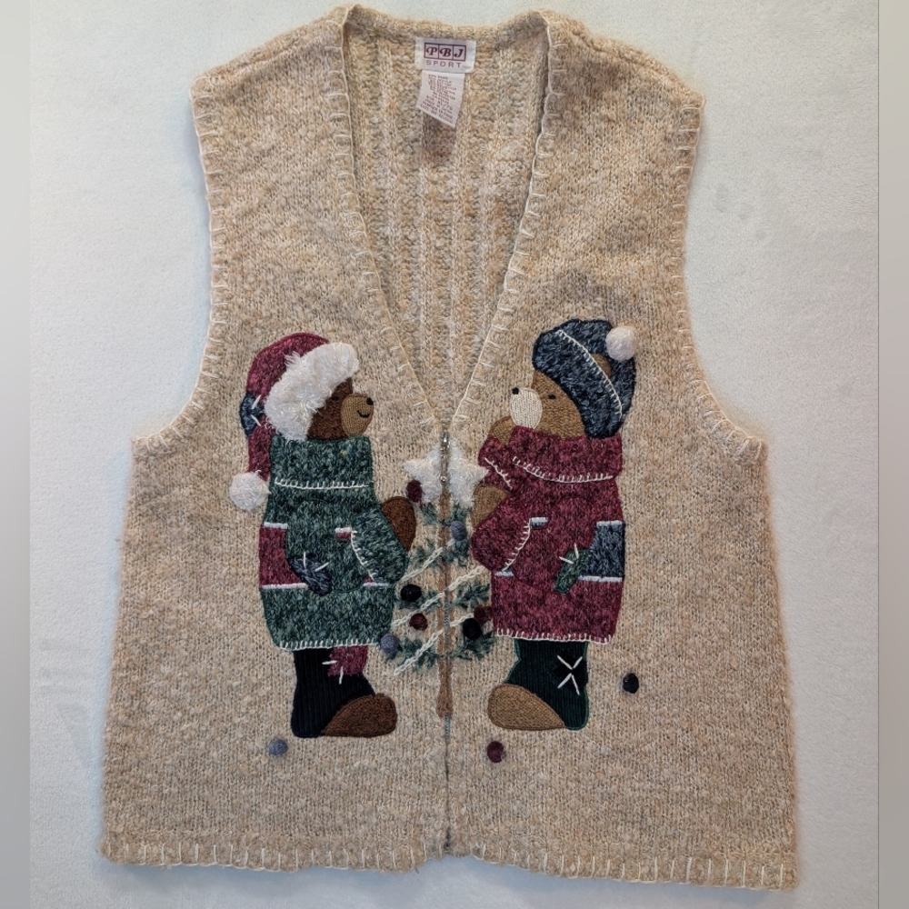 PBJ Sport Ugly Christmas Sweater‎ Vest Teddy Bears Tree XL